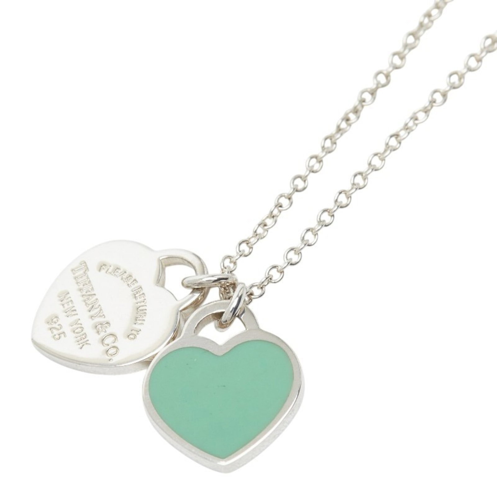 Tiffany & Co. Return To Double Heart Tag Chain Pendant Necklace Sv925 Silver Women'S.: Tiffany & Co. Return To Double Heart Tag Chain Pendant Necklace Sv925 Silver Women'S. Tiffany & Co. Return To Double Heart Tag Chain Pendant Necklace in sterling silver (925) features a light green