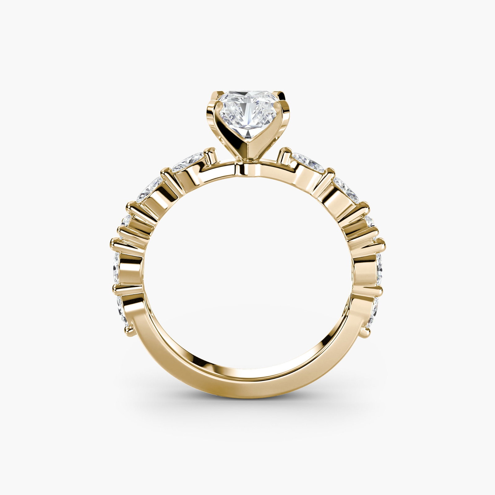 Pave Radiant 18Kt Yellow Gold Ring Setting: Pave Radiant 18Kt Yellow Gold Ring Setting 18Kt Yellow Gold Radiant Ring Setting with Pave Detail, featuring 10 side stones totaling 0.32 carats in EF/VS lab-grown color and clarity, set within a new 
