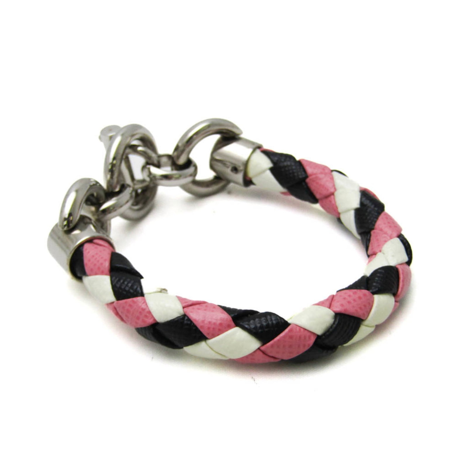 Prada Charm Bracelet Leather Metal: Prada Charm Bracelet Leather Metal Black, Pink, and White Prada Charm Bracelet Leather Metal. This fashion charm bracelet features high-quality leather and metal construction with a sleek design.