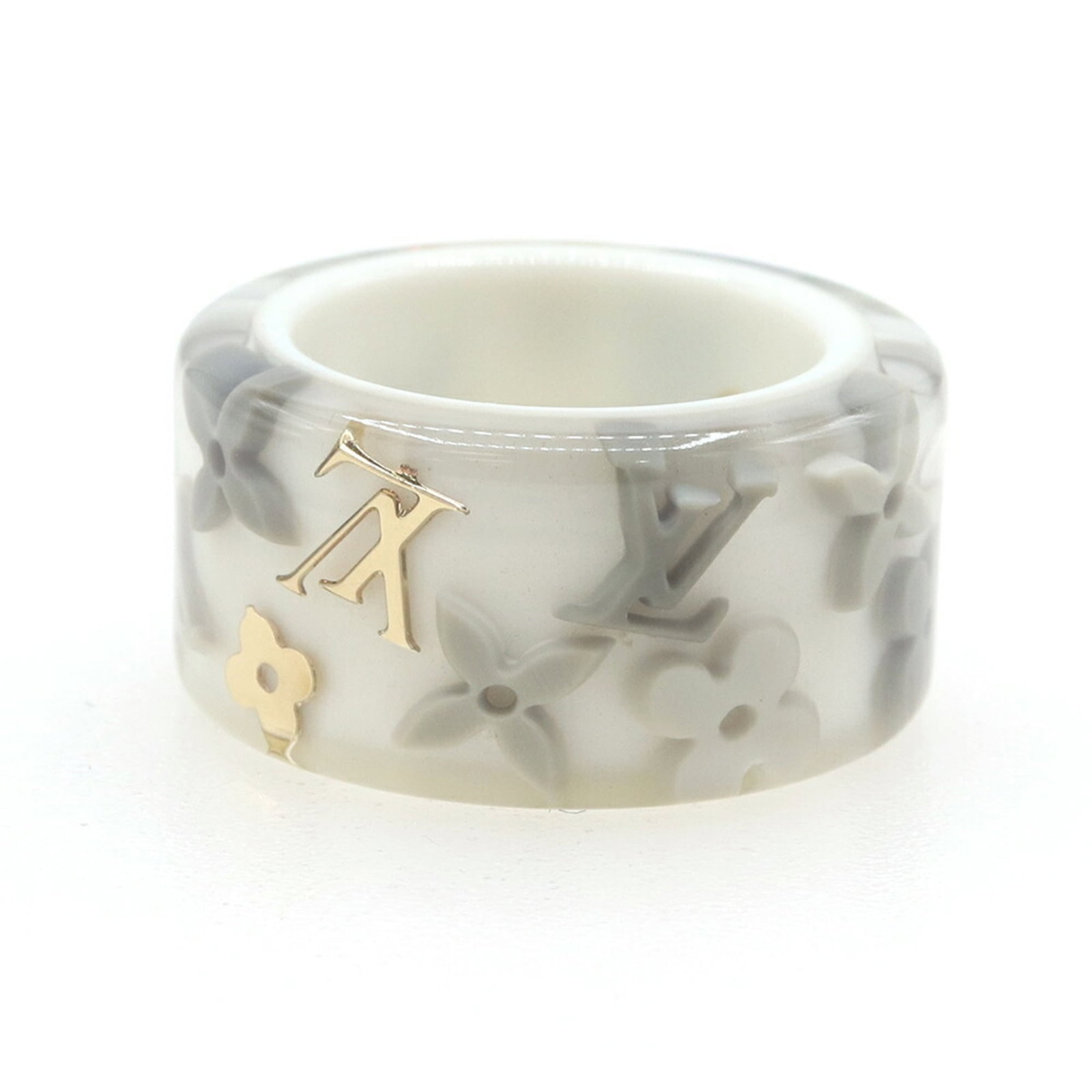 Ring Band Louis Vuitton: Ring Band Louis Vuitton Used Louis Vuitton Ring Band in clear, gray, and white colors. This band ring features a unique design with hardly any traces of usage, making it look like new. It's a nice