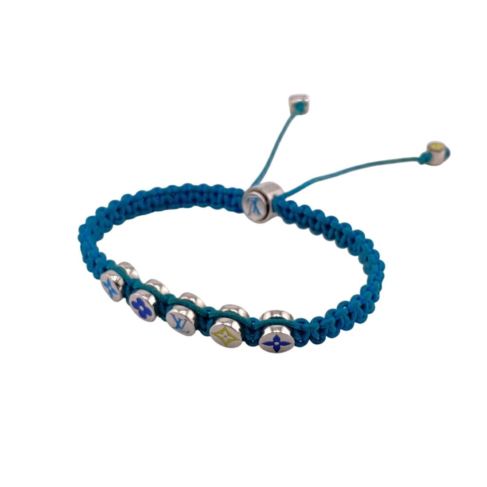 Vuitton nylon charm bracelet: Vuitton nylon charm bracelet Blue and silver Vuitton nylon charm bracelet, measuring 29cm in length. This used item shows traces of usage with minor scratches and dirt, but remains generally in good