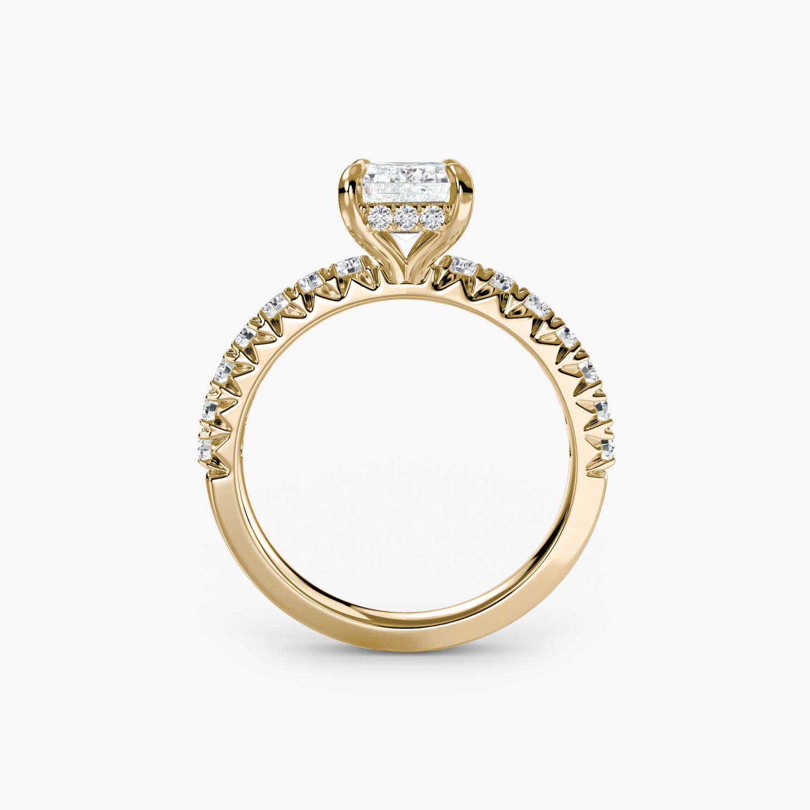 Hidden Halo Emerald 18Kt Yellow Gold Ring Setting: Hidden Halo Emerald 18Kt Yellow Gold Ring Setting 18Kt Yellow Gold Hidden Halo Emerald Ring Setting. This exquisite ring setting features a stunning lab-grown emerald surrounded by 30 precision-cut