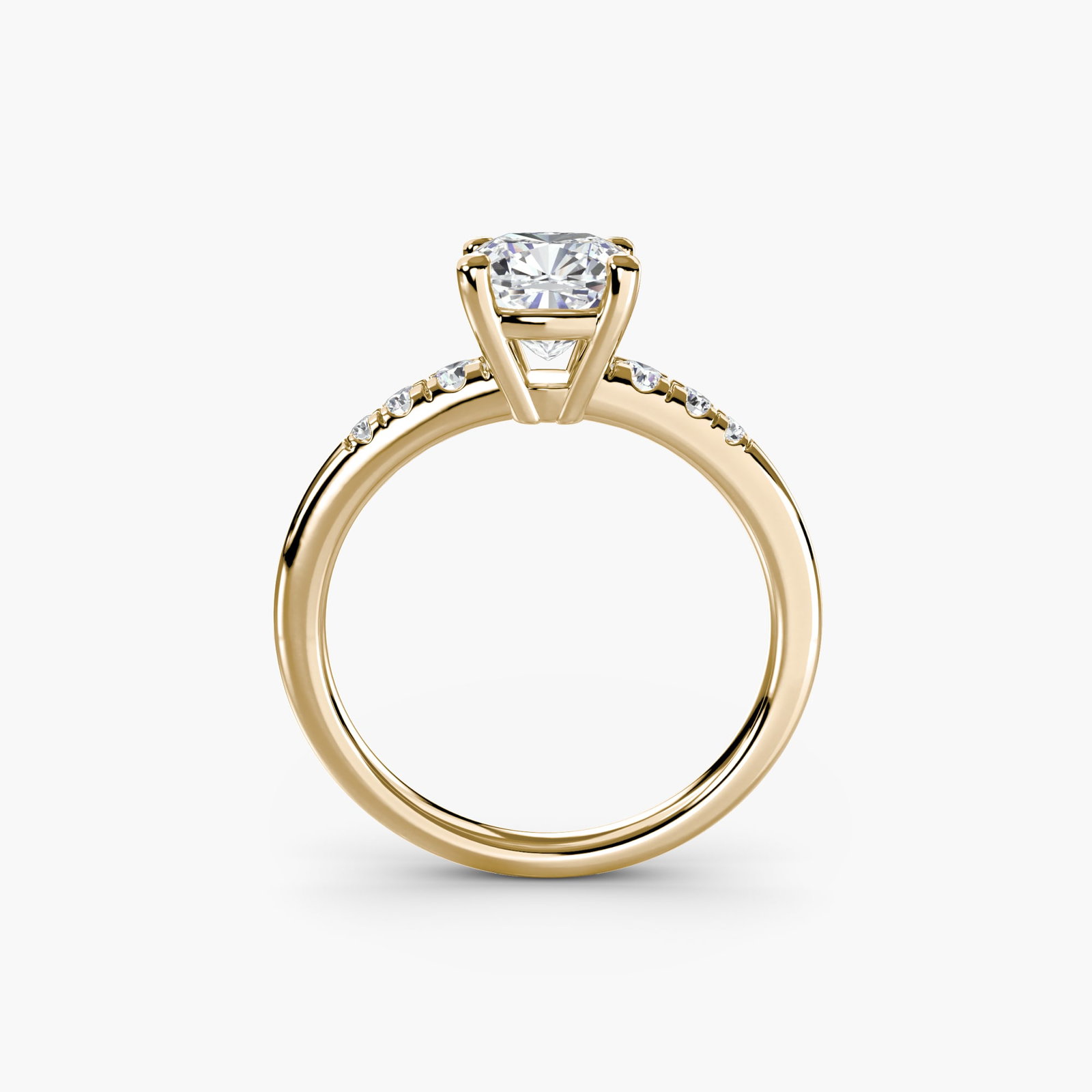 Solitaire Cushion 18Kt Yellow Gold Ring Setting: Solitaire Cushion 18Kt Yellow Gold Ring Setting 18Kt Yellow Gold Cushion Ring Setting for the ultimate diamond solitaire. This stunning ring setting boasts six lab-grown side stones totaling 0.135