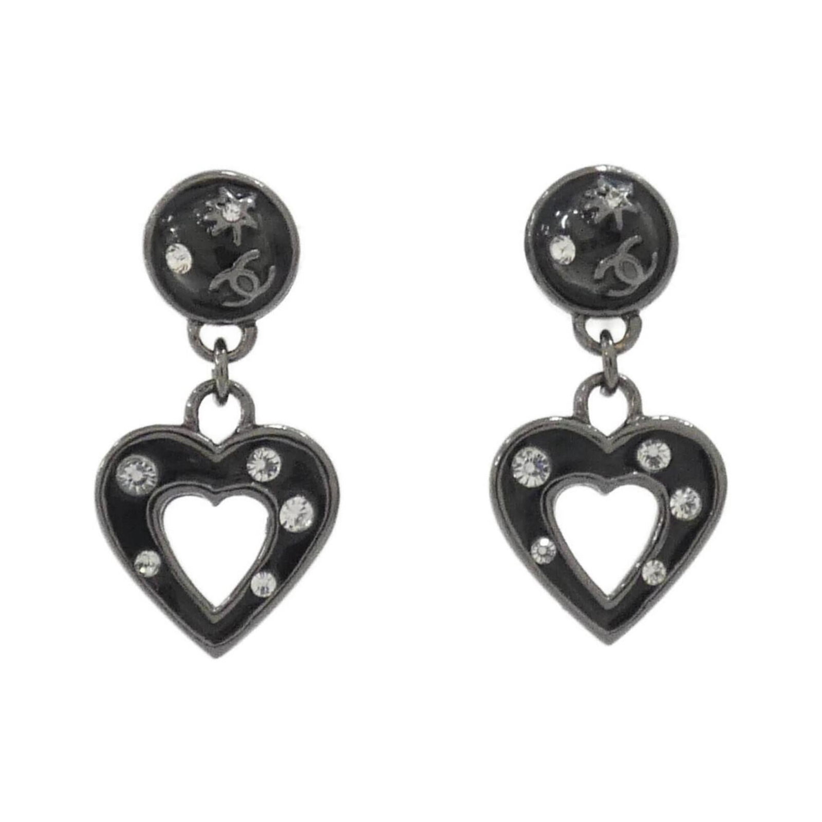 Chanel Stud Earrings: Chanel Stud Earrings Stud earrings with a sleek, modern design in black and silver. The crystal stone adds a touch of elegance to these understated yet sophisticated accessories. With a few subtle sig