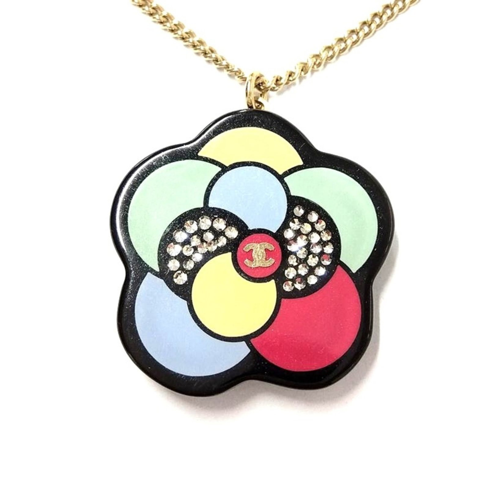 Camellia Coco Mark Necklace Gold Rhinestone Metal Chanel: Camellia Coco Mark Necklace Gold Rhinestone Metal Chanel Gold Rhinestone Metal Necklace with Camellia Coco Mark, a statement piece from the iconic Chanel brand. This 40cm gold necklace features a
