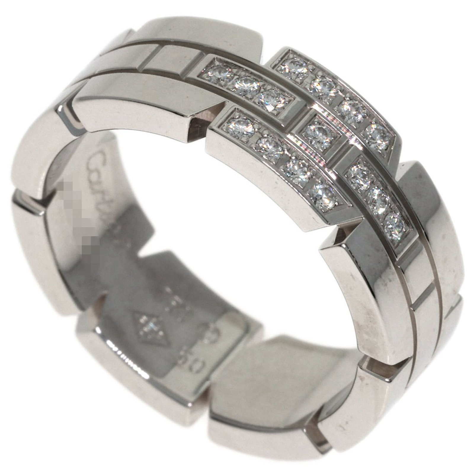 White Gold Cartier Band Ring 18K: White Gold Cartier Band Ring 18K 18K white gold Cartier band ring in excellent condition, featuring a classic design with subtle signs of wear. The ring's 18K material and intricate details showcase