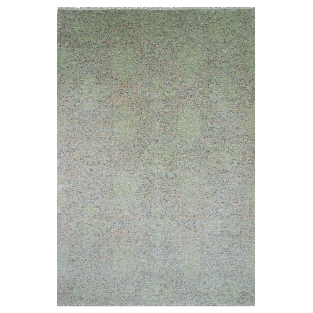 12'x18' Oversize Hand Knotted Soft Wool Oriental Rug: 12'x18' Oversize Hand Knotted Soft Wool Oriental Rug Soft and vibrant, this 12'x18' hand knotted Oriental rug boasts an all-green field with subtle hints of blue, beige, and rust in its intricate