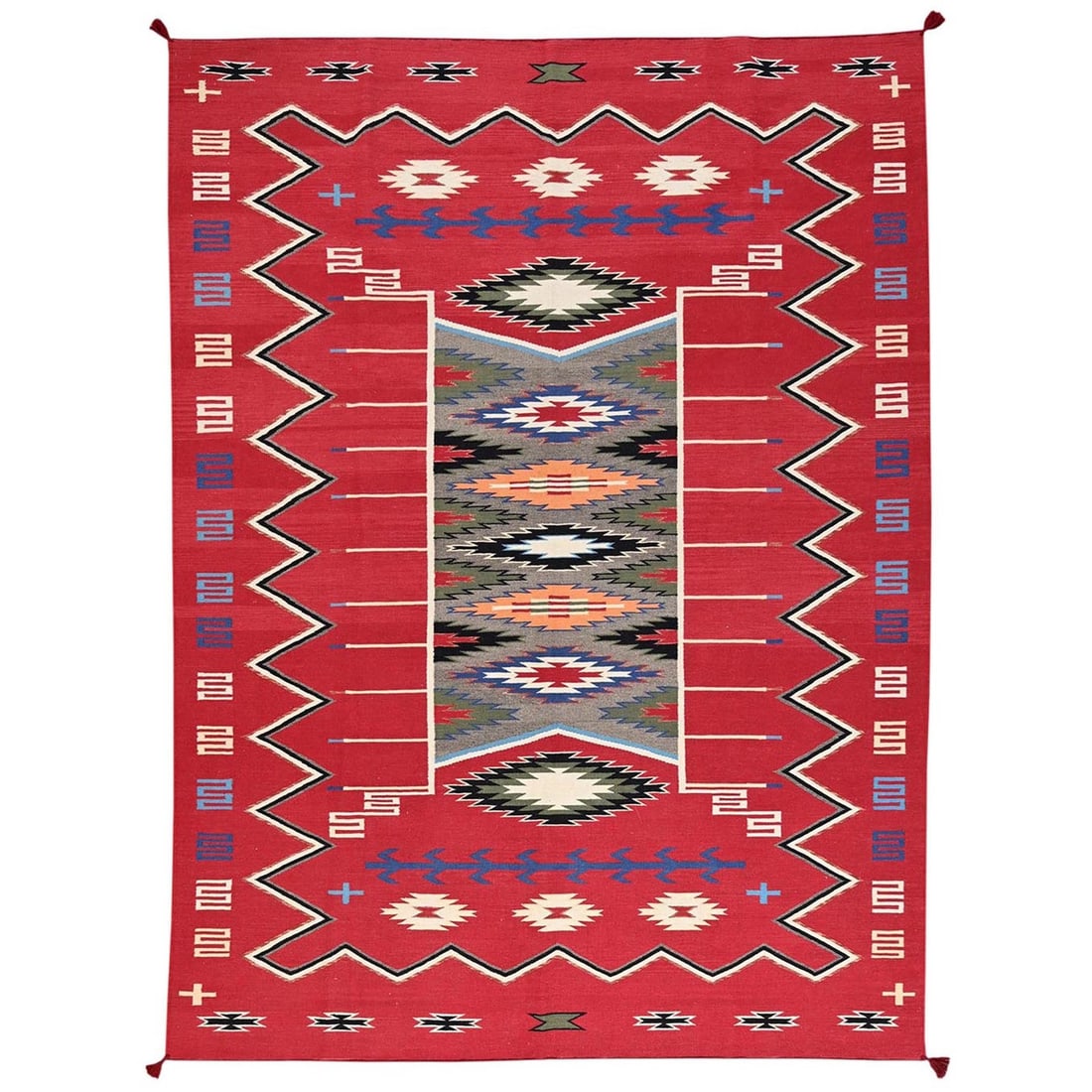 9'x12'1" Red Flat Weave Southwest Geometric Design Hand Woven Pure Wool Rug (1 of 7)