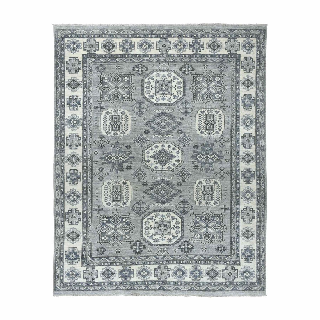 8'x10' Gray Pure Wool Hand-Knotted Fine Peshawar Oriental Rug: 8'x10' Gray Pure Wool Hand-Knotted Fine Peshawar Oriental Rug The 8'x10' Gray Pure Wool Hand-Knotted Fine Peshawar Oriental Rug boasts a stunning rectangular field with intricate gray tones, beautiful