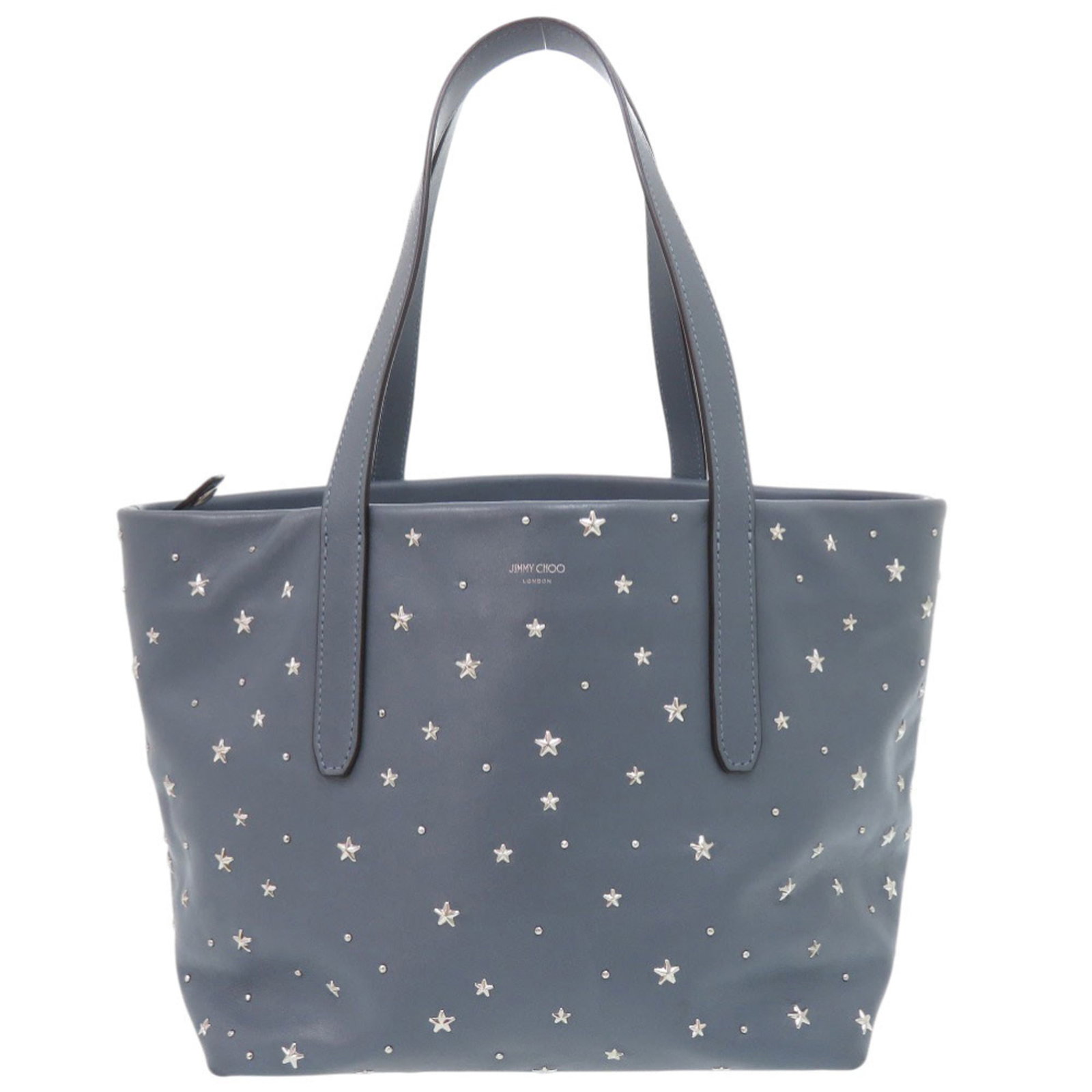 Handbag leather by Jimmy Choo: Handbag leather by Jimmy Choo Used Jimmy Choo handbag in blue leather, featuring a classic design with subtle scratches and dirt marks. The bag measures 21cm x 35.5cm x 13cm and retains its signature
