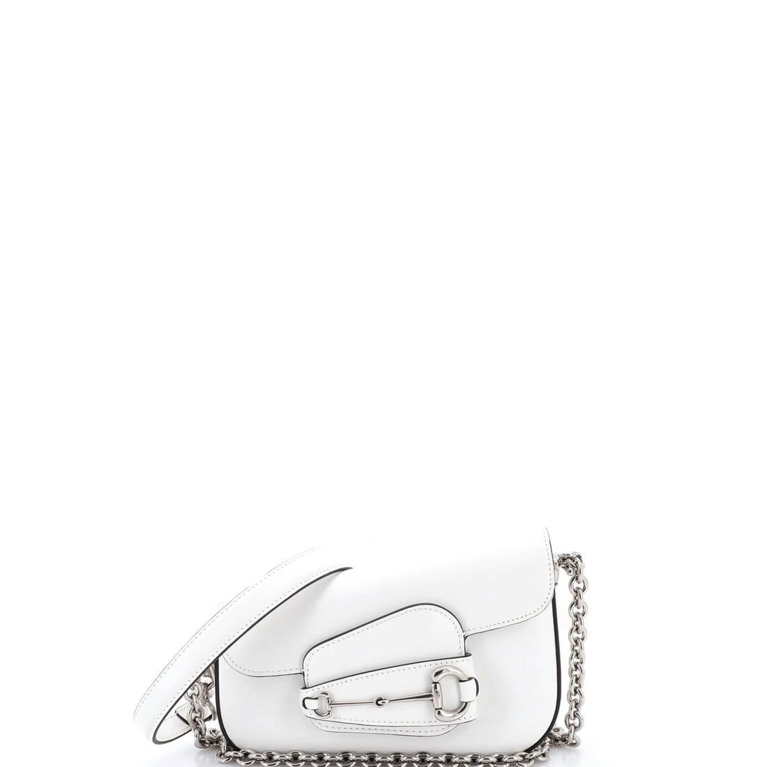 Horsebit Leather Gucci Bag 1955 Mini Asymmetric Shoulder: Horsebit Leather Gucci Bag 1955 Mini Asymmetric Shoulder White Horsebit Leather Gucci Bag, 1955 Mini Asymmetric Shoulder, in great condition with minor scuffs and creases on exterior and handles. This