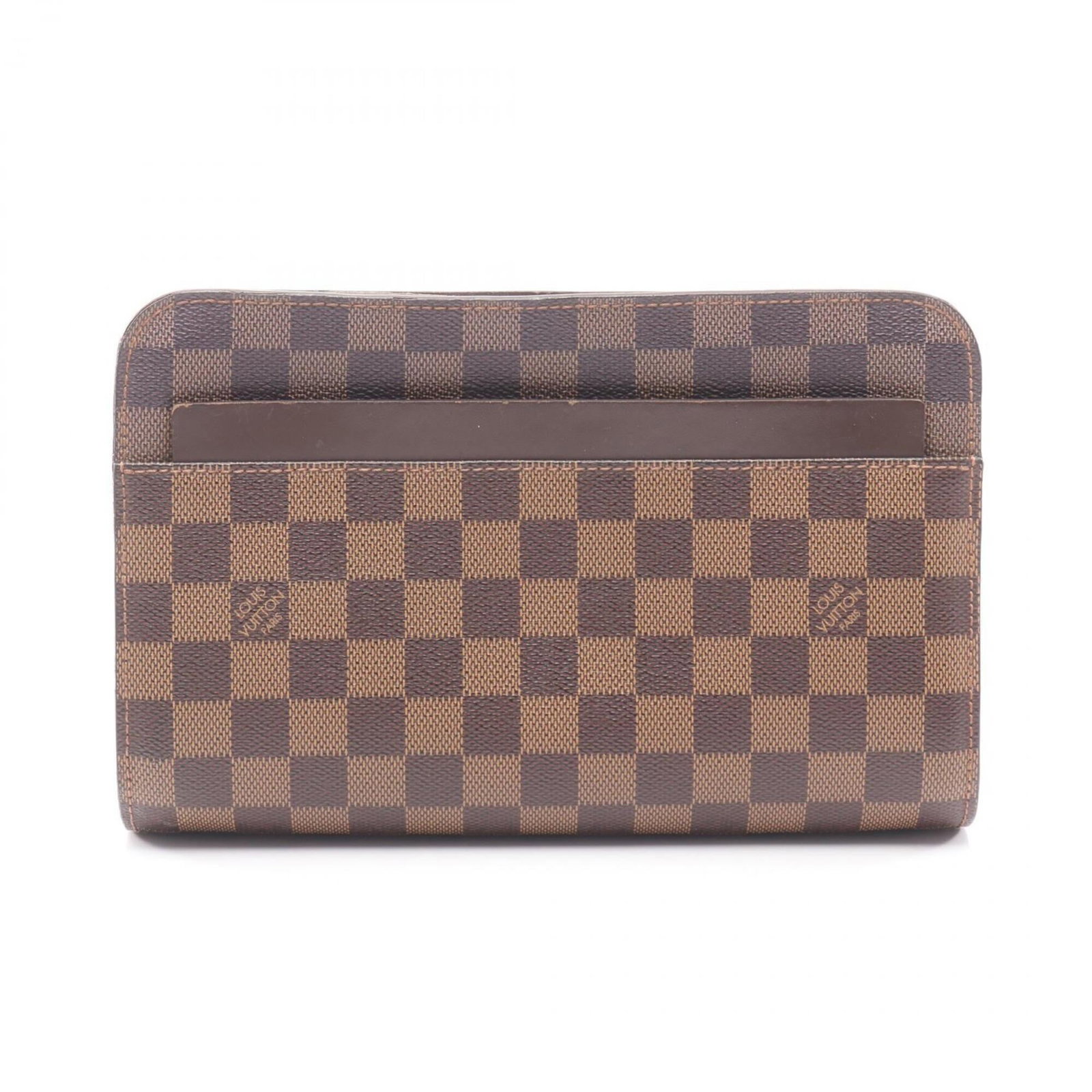 Canvas Leather Coated Louis Vuitton Clutch Bag: Canvas Leather Coated Louis Vuitton Clutch Bag Brown, Damier Canvas Louis Vuitton Clutch Bag with Coated Leather and Traces of Usage. This used clutch bag features a unique combination of coated