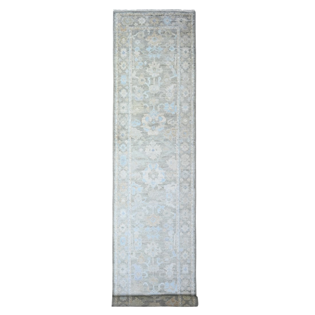 3'x15'9" Olive Gray Hand Knotted Afghan Angora Oushak Wool XL Runner Rug: 3'x15'9" Olive Gray Hand Knotted Afghan Angora Oushak Wool XL Runner Rug Oushak Type wool rug with an olive gray color, featuring a hand-knotted design and a field of grey with a border in the same