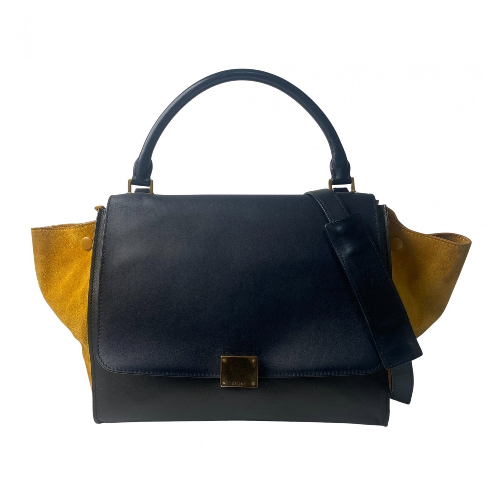 Celine Handbag Shoulder Bag Leather Suede: Celine Handbag Shoulder Bag Leather Suede Black, Navy, and Yellow Celine Handbag Shoulder Bag Leather Suede for Women. This pre-owned shoulder bag features genuine leather and suede materials in three