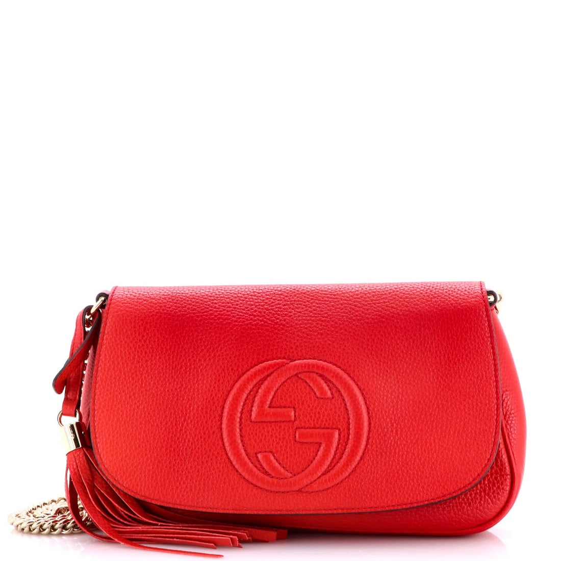 Chain Bag Leather Medium Gucci Soho Crossbody: Chain Bag Leather Medium Gucci Soho Crossbody The Gucci Soho Crossbody Bag in red leather offers a stylish and versatile design with a medium size. Featuring gold-tone hardware, it has a chain strap d