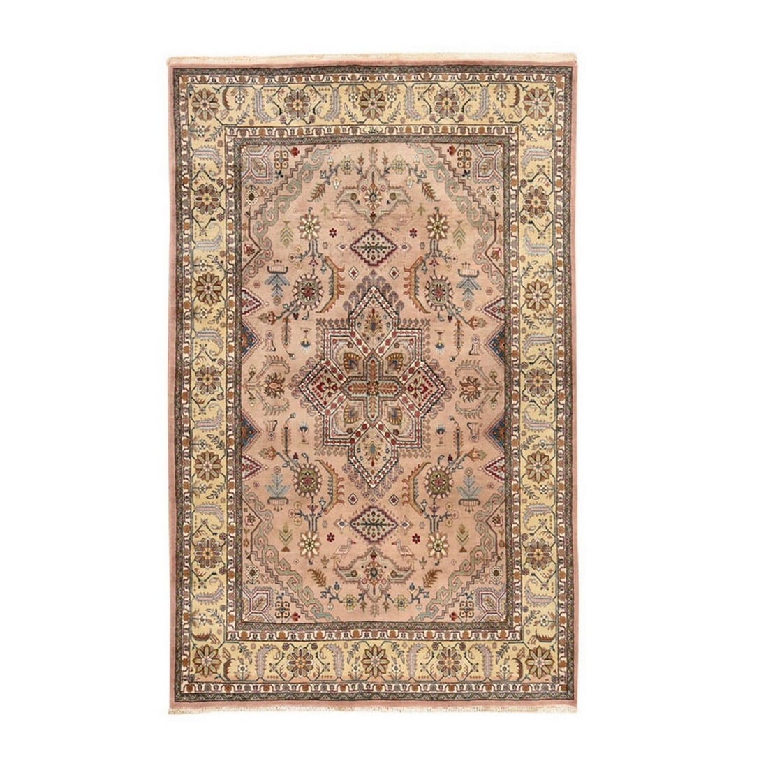 5'8"x9'3" Beige Vintage Zoroastrian Tebraz 100% Wool Hand Knotted Soft Rug: 5'8"x9'3" Beige Vintage Zoroastrian Tebraz 100% Wool Hand Knotted Soft Rug This stunning vintage Zoroastrian Tebraz rug boasts an intricate medallion pattern woven from 100% wool, showcasing the rich