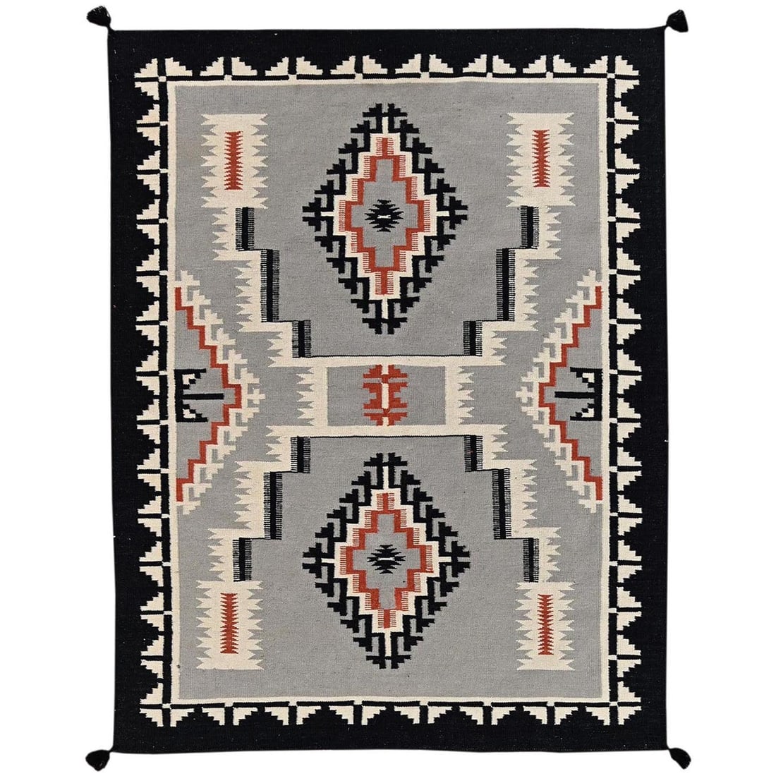 5'4"x6'10" Gray Southwest Geometric Design Flat Weave Hand Woven Wool Rug: 5'4"x6'10" Gray Southwest Geometric Design Flat Weave Hand Woven Wool Rug The 5'4"x6'10" Gray Southwest Geometric Design Flat Weave Hand Woven Wool Rug boasts a striking geometric pattern in a