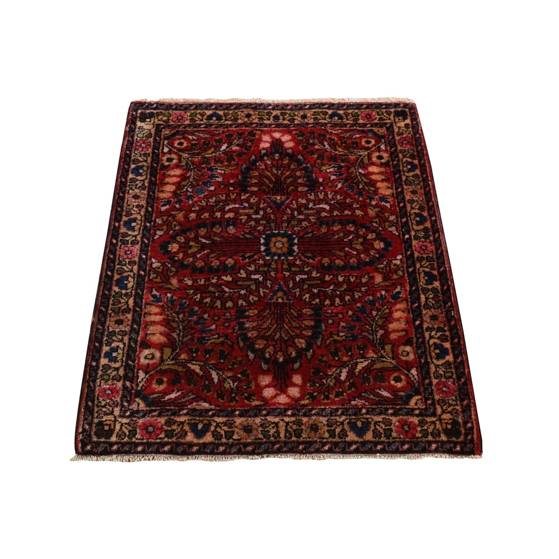 2'x2'6" Red Mat Antique Zoroastrian Sarouk Hand Knotted Oriental Rug: 2'x2'6" Red Mat Antique Zoroastrian Sarouk Hand Knotted Oriental Rug Red Mat Antique Zoroastrian Sarouk Hand Knotted Oriental Rug features a striking red color and measures 30" in length by 24" in wid