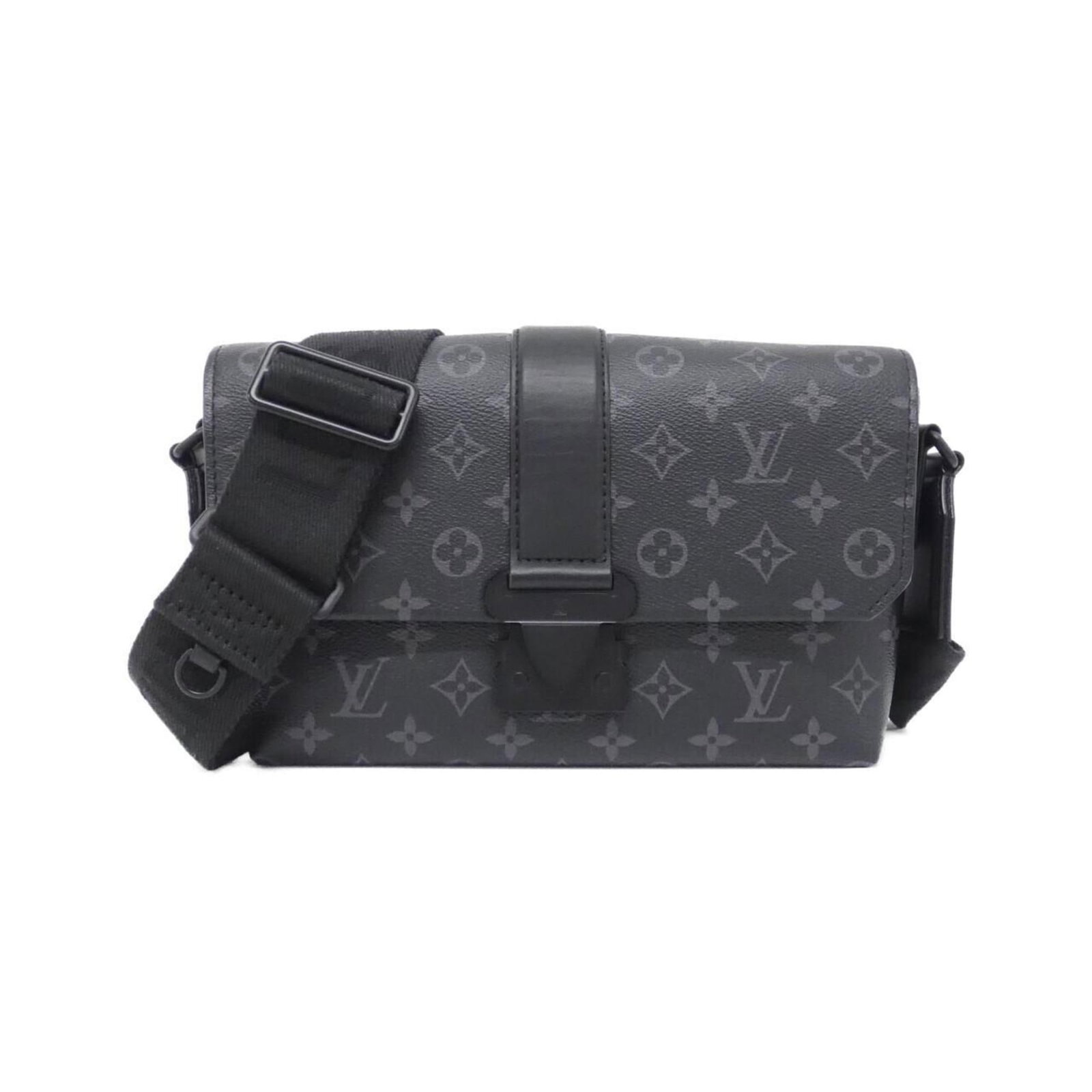 Canvas Coated Bag Shoulder Vuitton Louis: Canvas Coated Bag Shoulder Vuitton Louis Black Canvas Coated Bag with Signature. This Louis Vuitton shoulder bag features coated canvas material and measures 16cm x 28cm x 9cm. The bag shows signs of