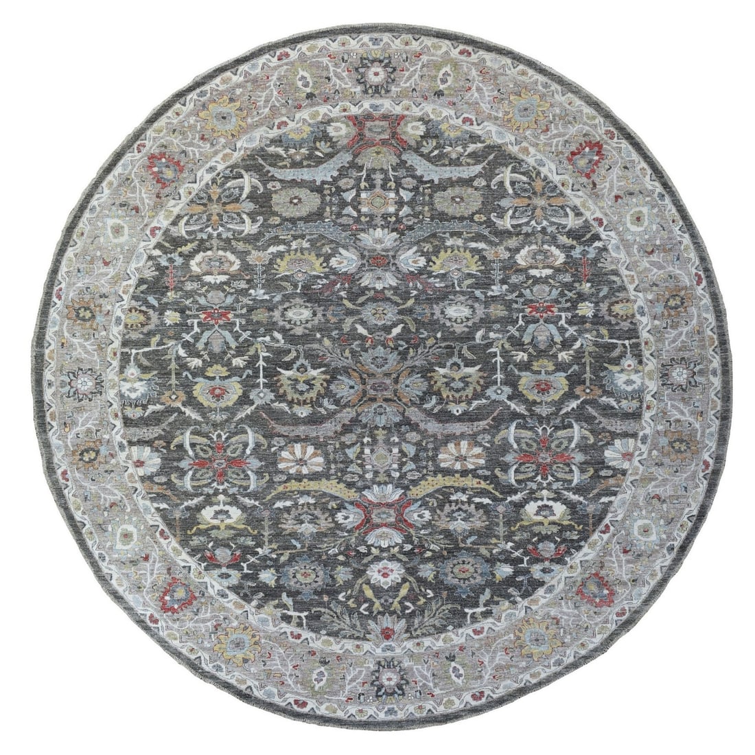 11'7"x11'7" Hand Knotted Wool Peshawar Design Gray Round Rug: 11'7"x11'7" Hand Knotted Wool Peshawar Design Gray Round Rug This stunning 11'7"x11'7" hand-knotted wool rug boasts an intricate Afghan design in a rich gray color, created using traditional Peshawar