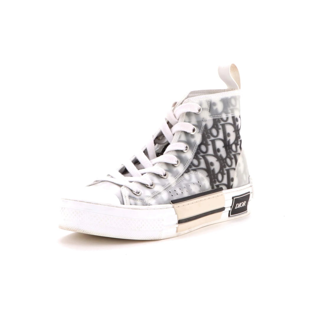 Christian Dior Women's B23 High-Top Sneakers Oblique Coated Canvas and PVC: Christian Dior Women's B23 High-Top Sneakers Oblique Coated Canvas and PVC Black and White Canvas Coated Sneakers with Oblique Design, featuring a mix of canvas and PVC materials. The shoes have a