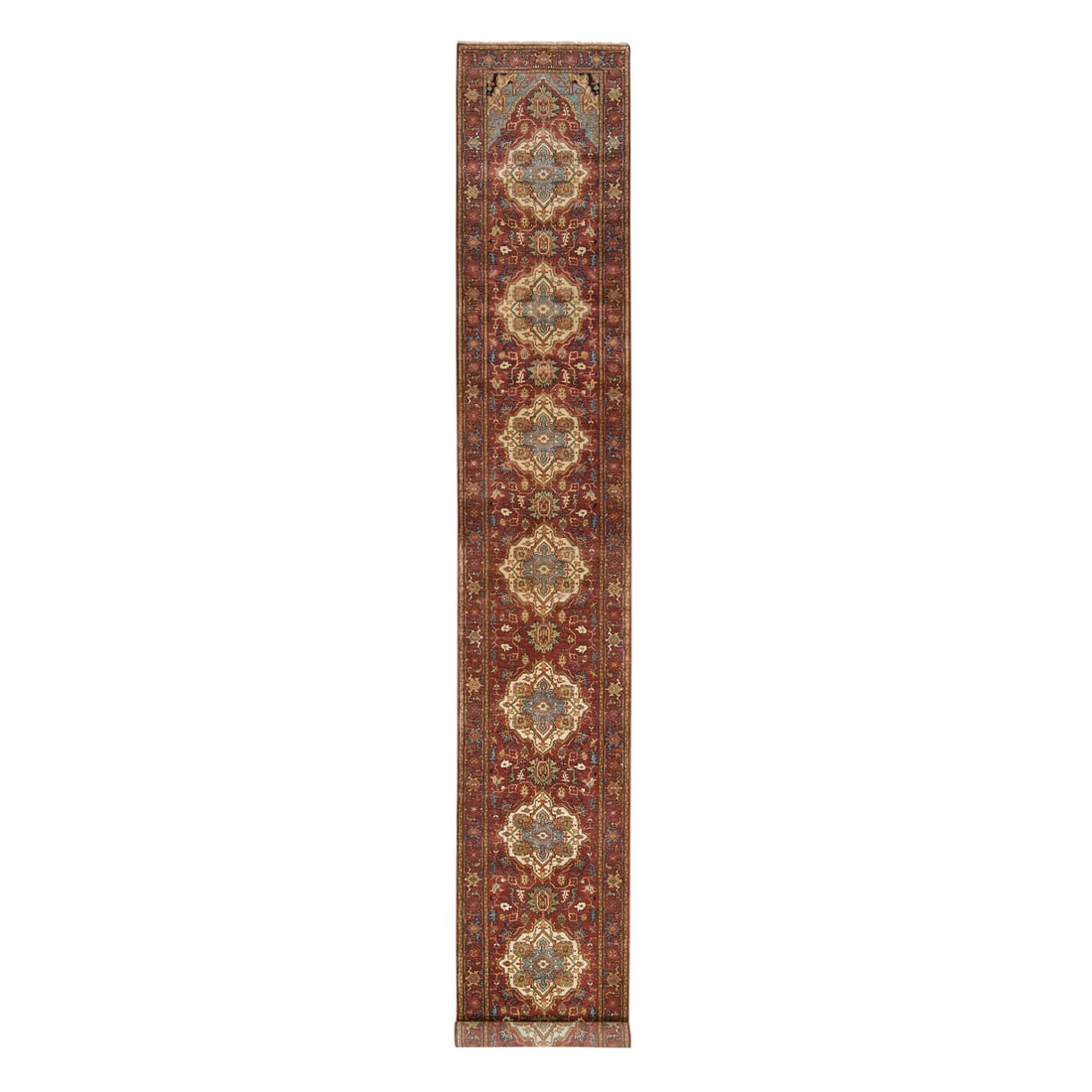 2'7"x18' Red Hand Knotted Fine Heris Re-Creation Wool XL Runner Rug: 2'7"x18' Red Hand Knotted Fine Heris Re-Creation Wool XL Runner Rug Hand-knotted fine wool Heris rug, measuring 2'7" x 18', boasts an impressive red field color with intricate border and subtle green