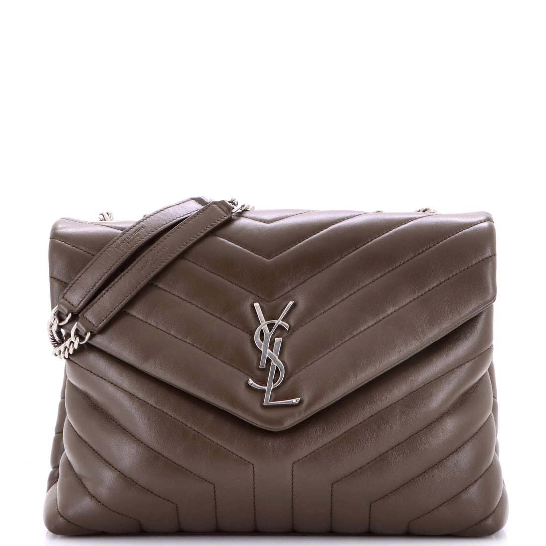 Loulou medium leather bag chevron matelasse shoulder saint laurent: Loulou medium leather bag chevron matelasse shoulder saint laurent Brown leather Loulou medium shoulder bag with matelasse chevron design, featuring scuffed exterior and minor creases. The bag's inter