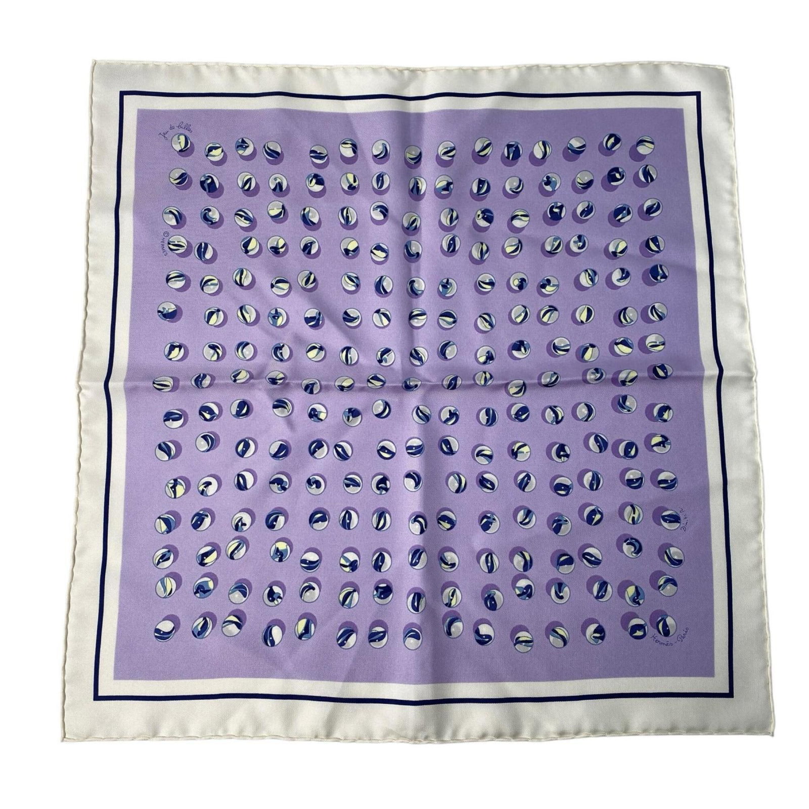 Silk Hermes Scarf: Silk Hermes Scarf Silk Hermes Scarf in rich purple and white hues, crafted from high-quality silk with a subtle sheen. Measuring 45cm x 45cm, this scarf bears a few traces of usage, including minor