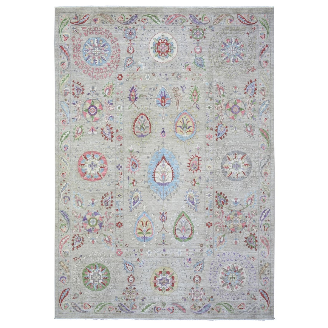 10'x13'10" Light Beige Soft Wool Hand Knotted Fine Peshawar Rug: 10'x13'10" Light Beige Soft Wool Hand Knotted Fine Peshawar Rug Soft and elegant, this Light Beige Soft Wool Hand Knotted Fine Peshawar Rug boasts a classic Afghan design with intricate details.