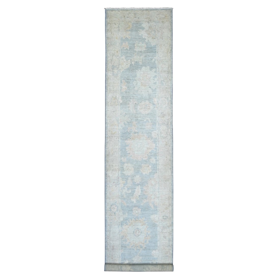 3'x15'9" Beau Blue Hand Knotted Angora Oushak Leaf Design Wool Runner Rug: 3'x15'9" Beau Blue Hand Knotted Angora Oushak Leaf Design Wool Runner Rug The Beau Blue Hand Knotted Angora Oushak Leaf Design Wool Runner Rug boasts an intricate floral pattern in black and ivory