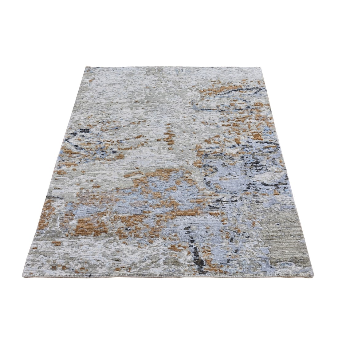 2'10"x5'1" Abstract Design Wool and Silk Hi-Low Pile Hand Knotted Rug: 2'10"x5'1" Abstract Design Wool and Silk Hi-Low Pile Hand Knotted Rug Abstract Design Wool and Silk Hi-Low Pile Hand Knotted Rug features an intricate, grey field with subtle patterns in ivory, light