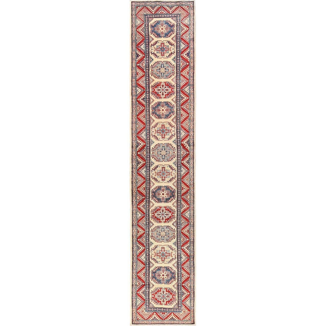3'x15'3" Ivory Kazak with Geometric Design Rug Hand Knotted Wool Runner: 3'x15'3" Ivory Kazak with Geometric Design Rug Hand Knotted Wool Runner Hand-knotted wool runner with intricate geometric design, crafted from high-quality ivory-colored wool on a cotton foundation. T