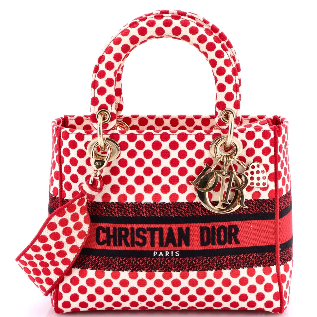 Dior Lady D-Lite Bag Canvas DiorAmour Medium Printed: Dior Lady D-Lite Bag Canvas DiorAmour Medium Printed Red canvas DiorAmour Lady D-Lite bag with medium size and printed design, featuring gold tone hardware. The bag has minor discoloration on the