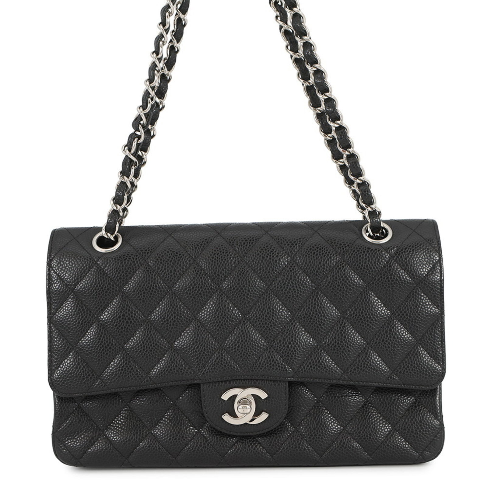 Calfskin shoulder bag by Chanel: Calfskin shoulder bag by Chanel Calfskin shoulder bag by Chanel, featuring grained calfskin material and a classic design. Measuring 15cm x 25cm x 6cm, it has traces of usage with scratches and dirt v