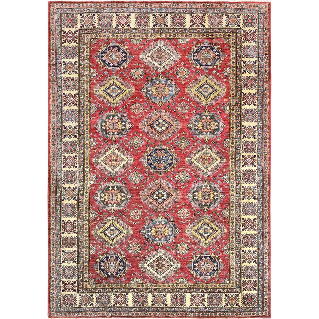 8'10"x12'8" Rich Red Hand Knotted Afghan Super Kazak Pure Wool Rug: 8'10"x12'8" Rich Red Hand Knotted Afghan Super Kazak Pure Wool Rug 8'10" x 12'8" Rich Red Hand Knotted Afghan Super Kazak Pure Wool Rug boasts an impressive rectangular field with a vibrant red