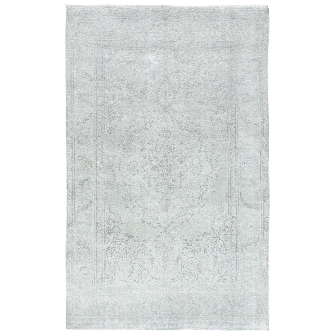 6'2"x10'3" Ivory Worn Wool Hand Knotted Vintage Farsian Tebraz Rug: 6'2"x10'3" Ivory Worn Wool Hand Knotted Vintage Farsian Tebraz Rug The Farsian Tebraz rug boasts an exquisite ivory color, characteristic of the traditional Turkish design. Hand-knotted with worn wool