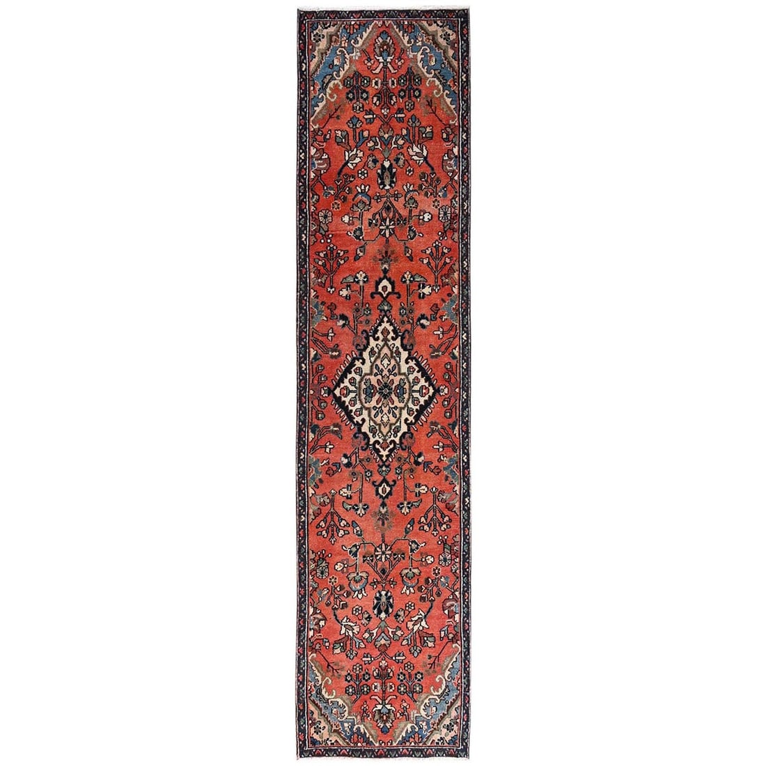 2'9"x12'2" Sunset Colors Vintage Zoroastrian Wool Hand Knotted Runner Rug: 2'9"x12'2" Sunset Colors Vintage Zoroastrian Wool Hand Knotted Runner Rug Vibrant orange hues and intricate medallion patterns come together in this stunning vintage Zoroastrian wool hand-knotted
