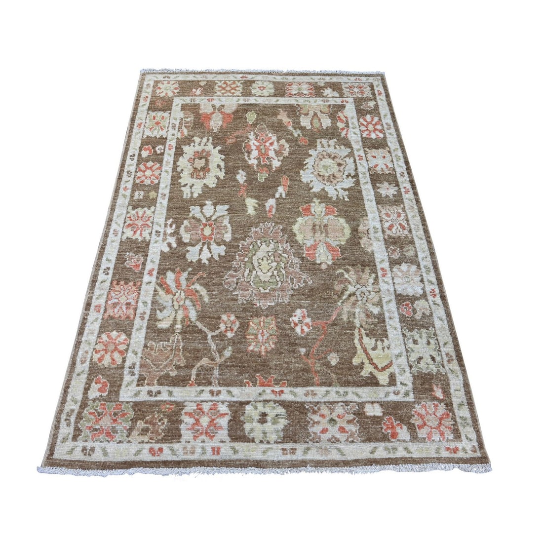 4'1"x6'2" Brown Hand Knotted Afghan Angora Oushak Leaf Design Wool Rug: 4'1"x6'2" Brown Hand Knotted Afghan Angora Oushak Leaf Design Wool Rug Brown Hand Knotted Afghan Angora Oushak Leaf Design Wool Rug features a unique floral field design in brown, yellow-green, ivory