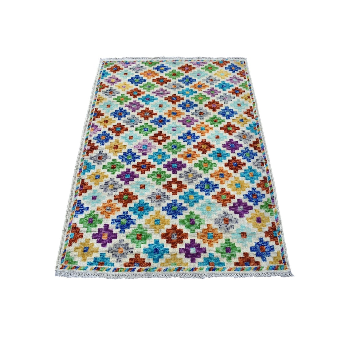 3'6"x4'10" Hand Made Tribal Design Pure Wool Colorful Afghan Village Rug: 3'6"x4'10" Hand Made Tribal Design Pure Wool Colorful Afghan Village Rug Hand-knotted in pure wool, this vibrant Afghan village rug boasts an intricate tribal design. Measuring 3'6" x 4'10", its