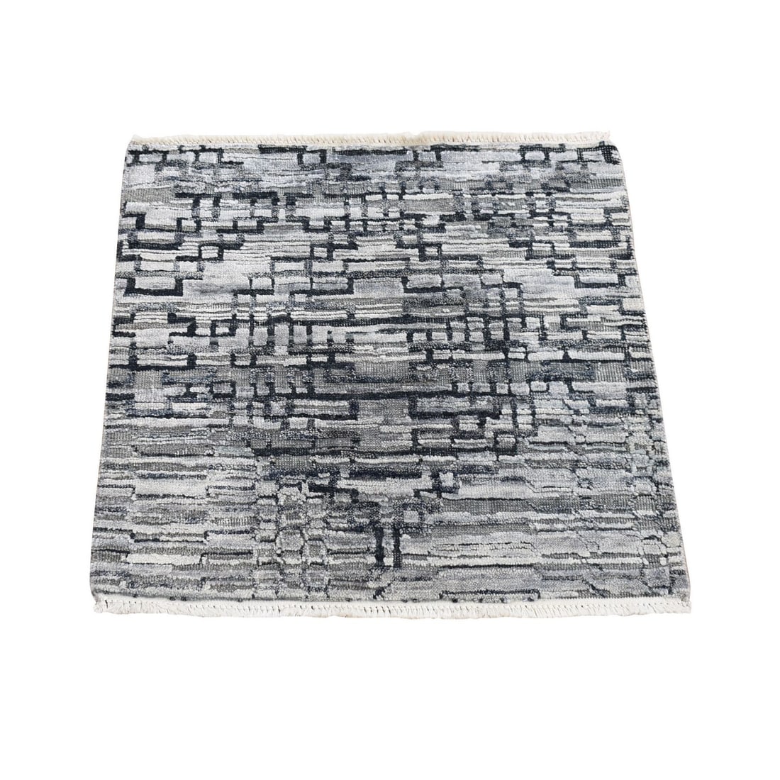 2'x2' Gray Modern Design Silk with Textured Wool Hand Knotted Sample Rug: 2'x2' Gray Modern Design Silk with Textured Wool Hand Knotted Sample Rug Hand-knotted with wool and silk, this modern design rug boasts a textured look in a sleek gray color. Made from cotton as the f