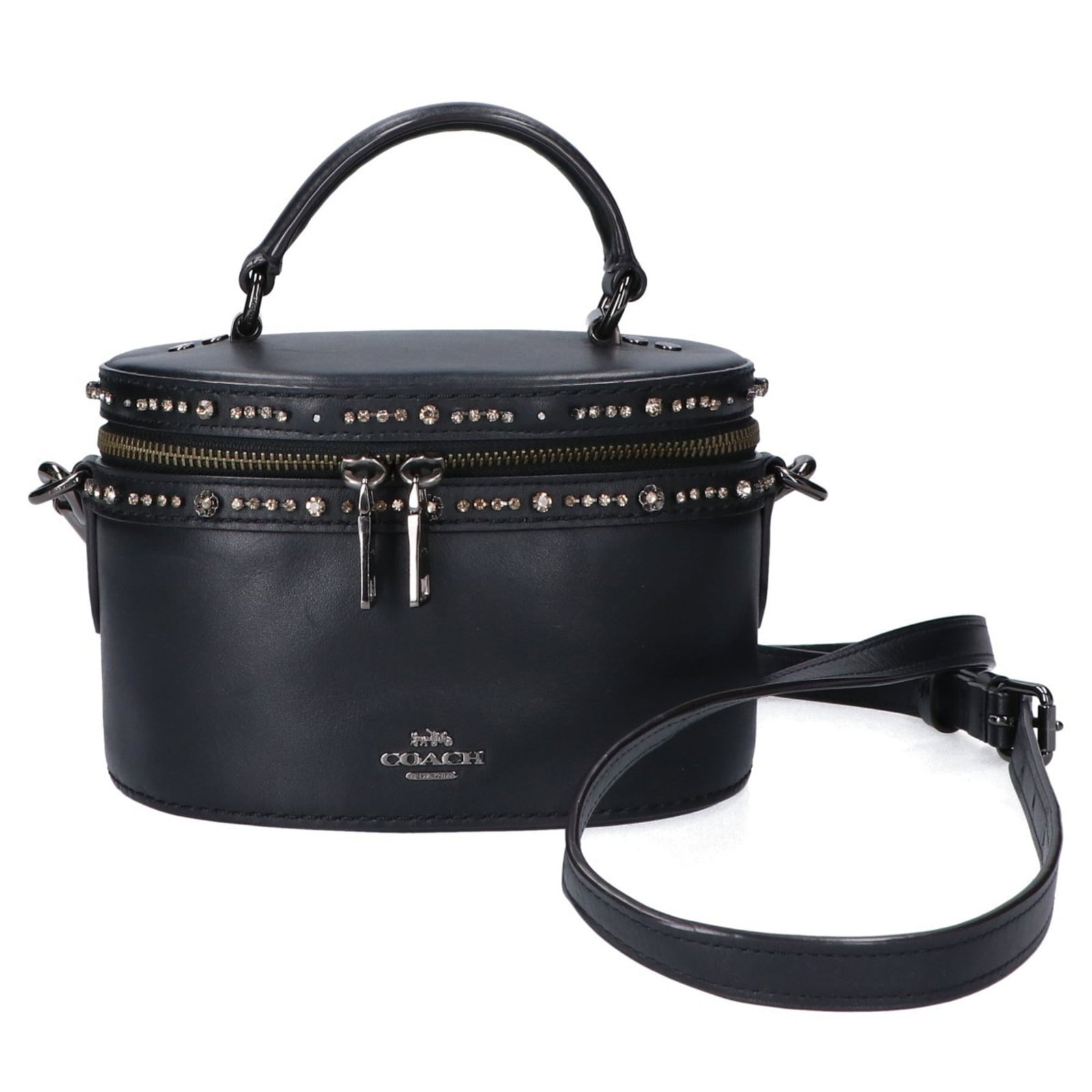 Handbag Leather Coach: Handbag Leather Coach Black leather Coach handbag with classic design, measuring 13cm x 19.5cm x 10cm. The bag shows signs of usage, including scratches and dirt, but remains in good condition. This u