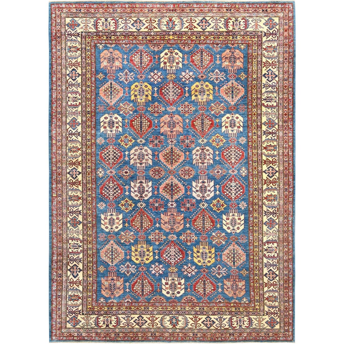 9'x12'7" Denim Blue Afghan Super Kazak Soft Wool Hand Knotted Rug: 9'x12'7" Denim Blue Afghan Super Kazak Soft Wool Hand Knotted Rug Soft underfoot, the Denim Blue Afghan Super Kazak rug invites relaxation with its plush wool pile and vibrant blue hue. Hand-knotted