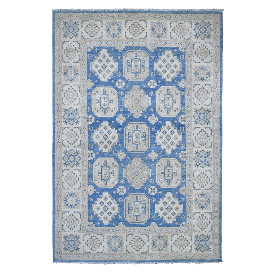 6'x8'10" Blue Vintage Look Kazak Geometric Elements Wool Hand Knotted Rug: 6'x8'10" Blue Vintage Look Kazak Geometric Elements Wool Hand Knotted Rug Blue Vintage Look Kazak Geometric Elements Wool Hand Knotted Rug features a stunning blue field with intricate geometric patte