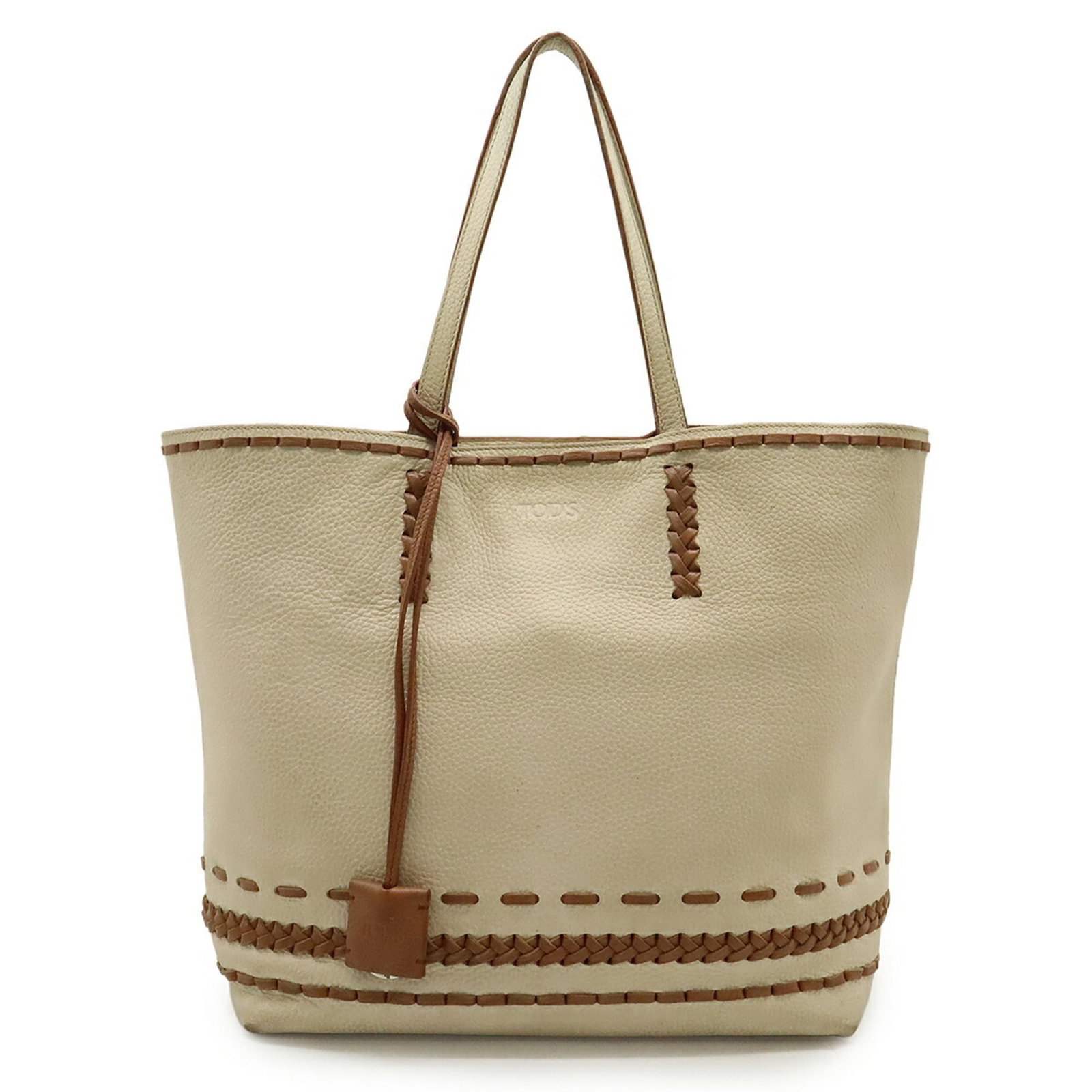 Tod'S Tote Bag Leather: Tod'S Tote Bag Leather Tod'S Tote Bag Leather is a pre-owned, beige/brown leather tote bag with a classic design. Measuring 33cm x 44cm x 17.5cm, it has a worn look with traces of usage and minor