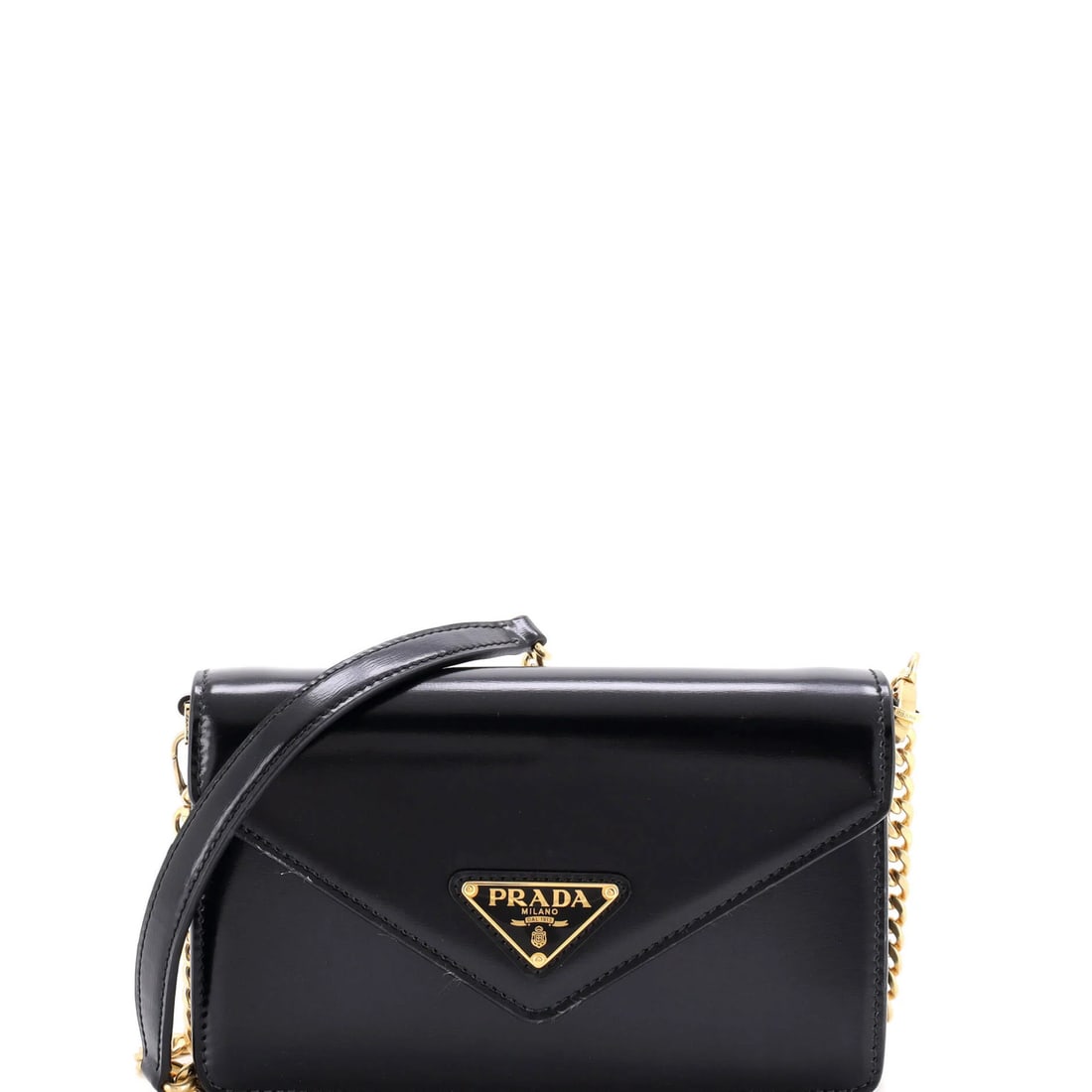 Prada Triangle Logo Envelope Chain Crossbody Bag Leather: Prada Triangle Logo Envelope Chain Crossbody Bag Leather Black Prada Triangle Logo Envelope Chain Crossbody Bag Leather, featuring a classic design with minor edge wear and scuffs. The bag's gold