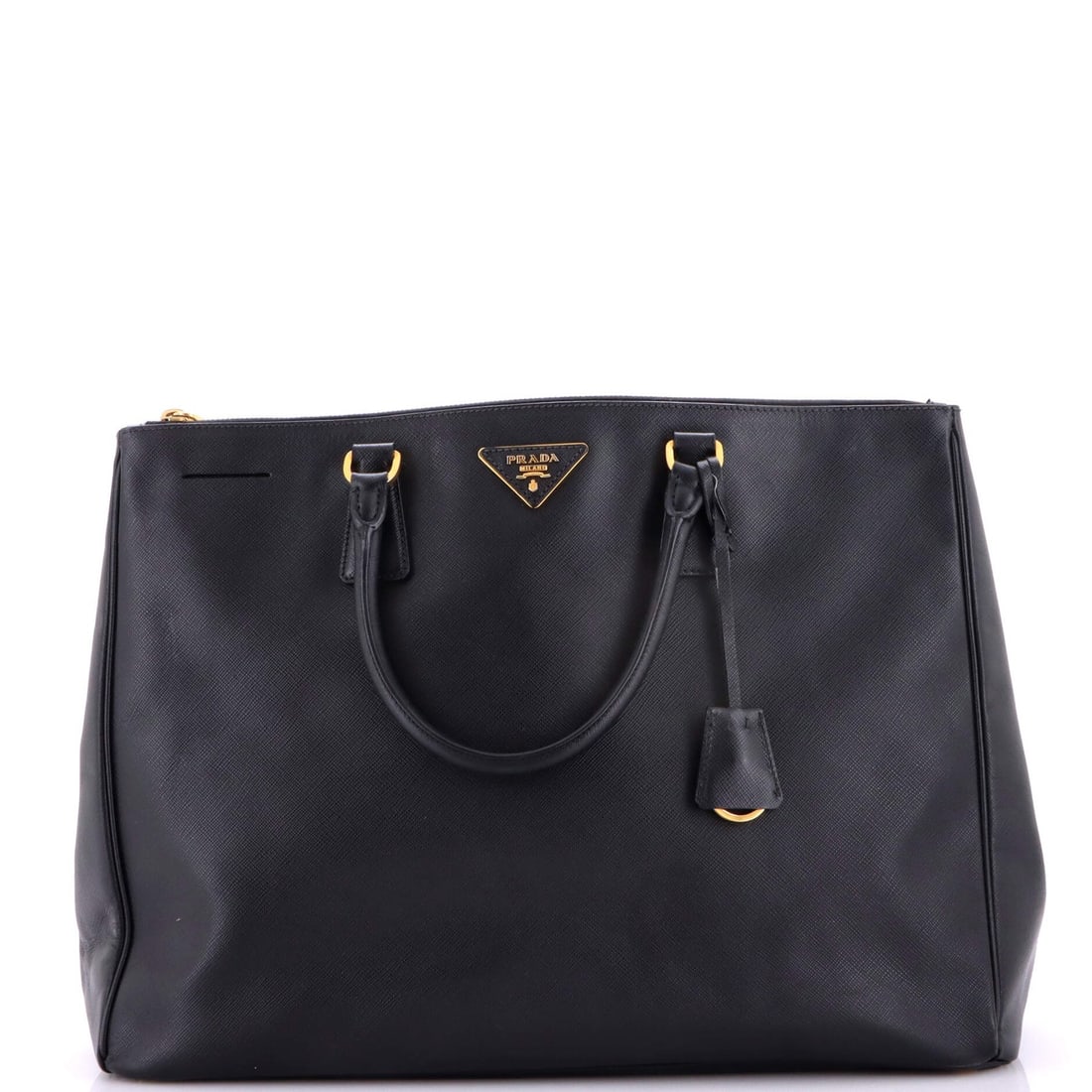 Prada Double Zip Lux Convertible Tote Saffiano Leather XL: Prada Double Zip Lux Convertible Tote Saffiano Leather XL The Prada Double Zip Lux Convertible Tote Saffiano Leather XL boasts a striking black exterior with heavy cracking on corners, scuffs, and
