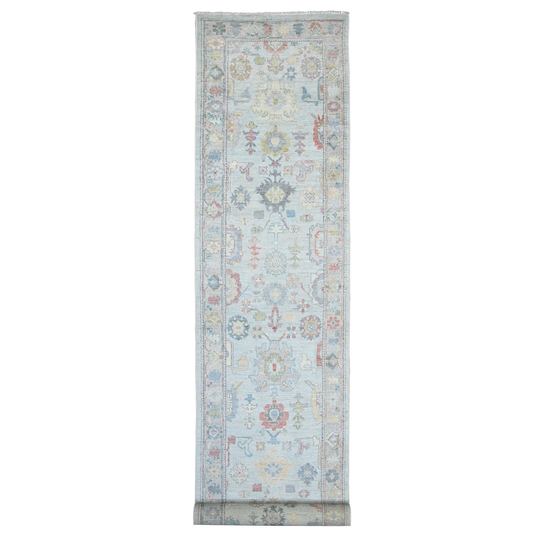 3'7"x19'7" Light Blue Afghan Angora Oushak Hand Knotted Wool Runner Rug: 3'7"x19'7" Light Blue Afghan Angora Oushak Hand Knotted Wool Runner Rug Light blue Afghan Angora Oushak hand-knotted wool runner rug boasts an impressive 235" length and 597" width, making it a stunni
