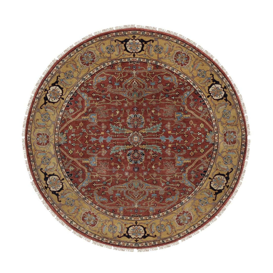 6'2"x6'2" Red Antiqued Fine Heris Hand Knotted New Zealand Wool Round Rug: 6'2"x6'2" Red Antiqued Fine Heris Hand Knotted New Zealand Wool Round Rug The Heris hand-knotted wool rug boasts an all-over regional design in rich red hues, complemented by subtle accents of green,