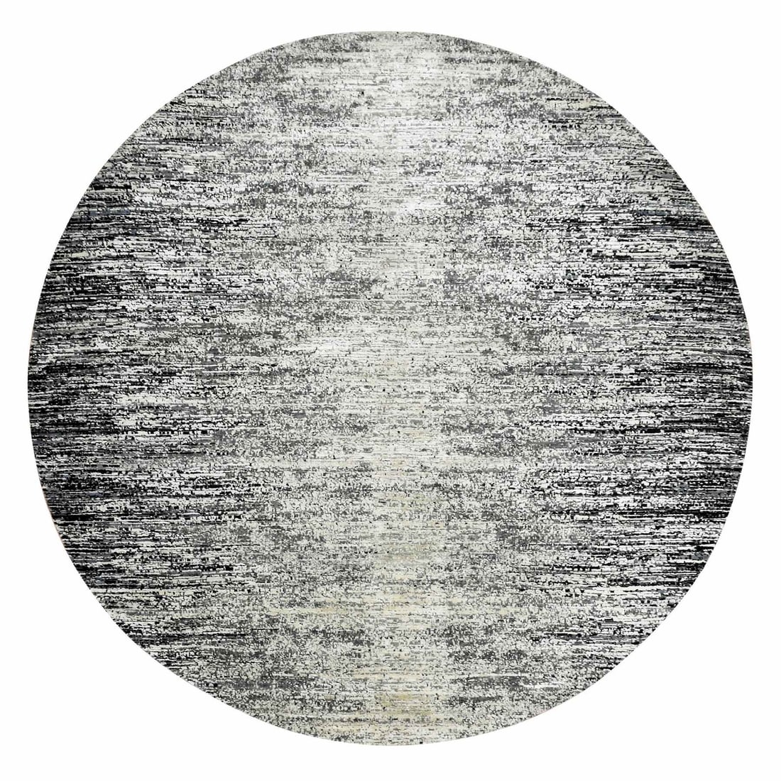 8'x8' Black Striae Design Wool and Silk Hand Knotted Round Oriental Rug: 8'x8' Black Striae Design Wool and Silk Hand Knotted Round Oriental Rug Black Striae Design Wool and Silk Hand Knotted Round Oriental Rug boasts an striking modern design, featuring a bold black