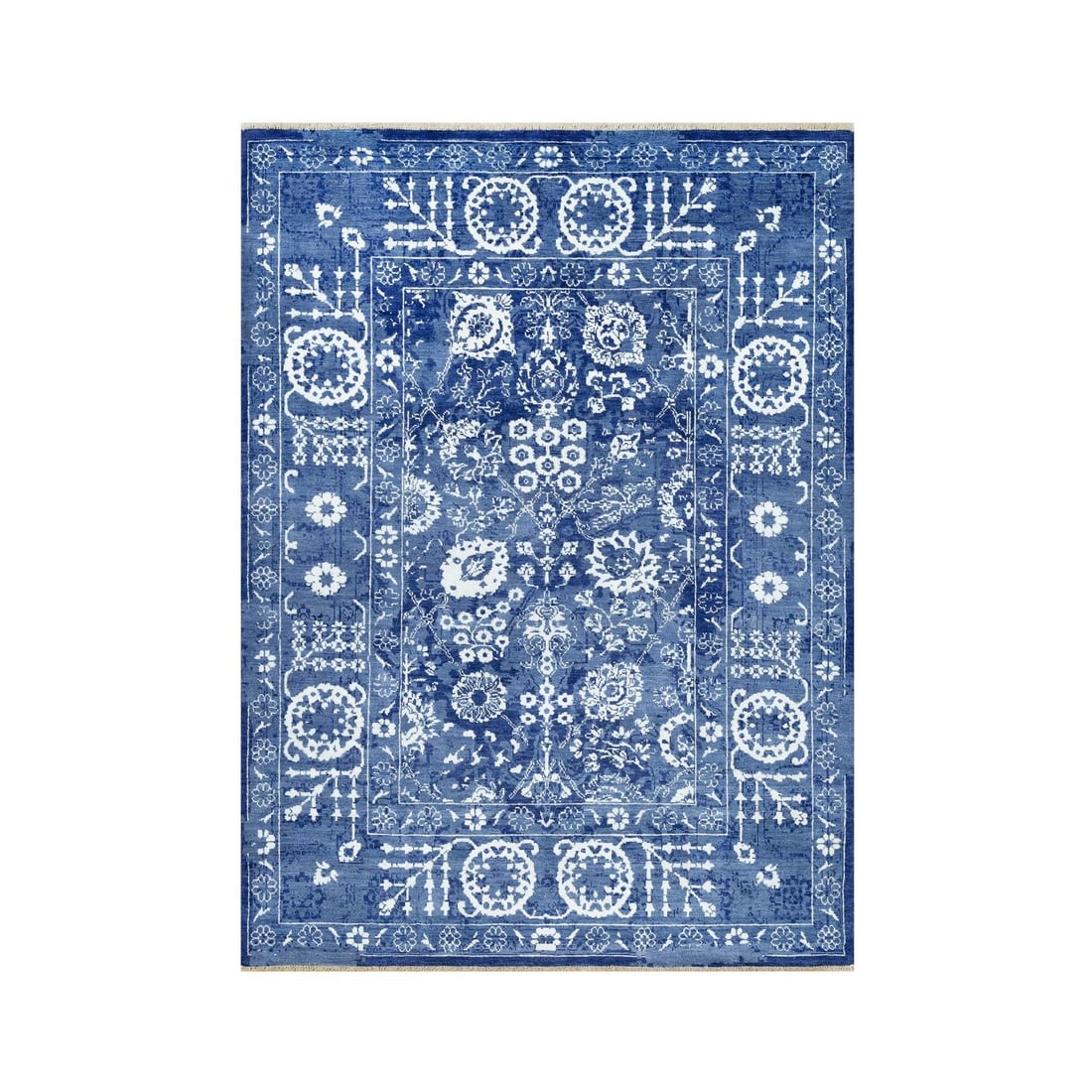 5'1"x6'10" Revel Blue Hand Knotted Tebraz Leaf Design Wool and Silk Rug: 5'1"x6'10" Revel Blue Hand Knotted Tebraz Leaf Design Wool and Silk Rug The Revel Blue Hand Knotted Tebraz Leaf Design Wool and Silk Rug boasts an impressive rectangular field with a striking blue